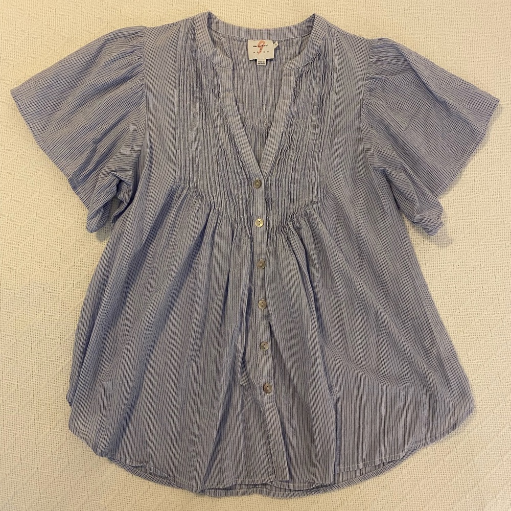 The Nines by Hatch Small Blue Stripe Flutter Sleeve Blouse EUC